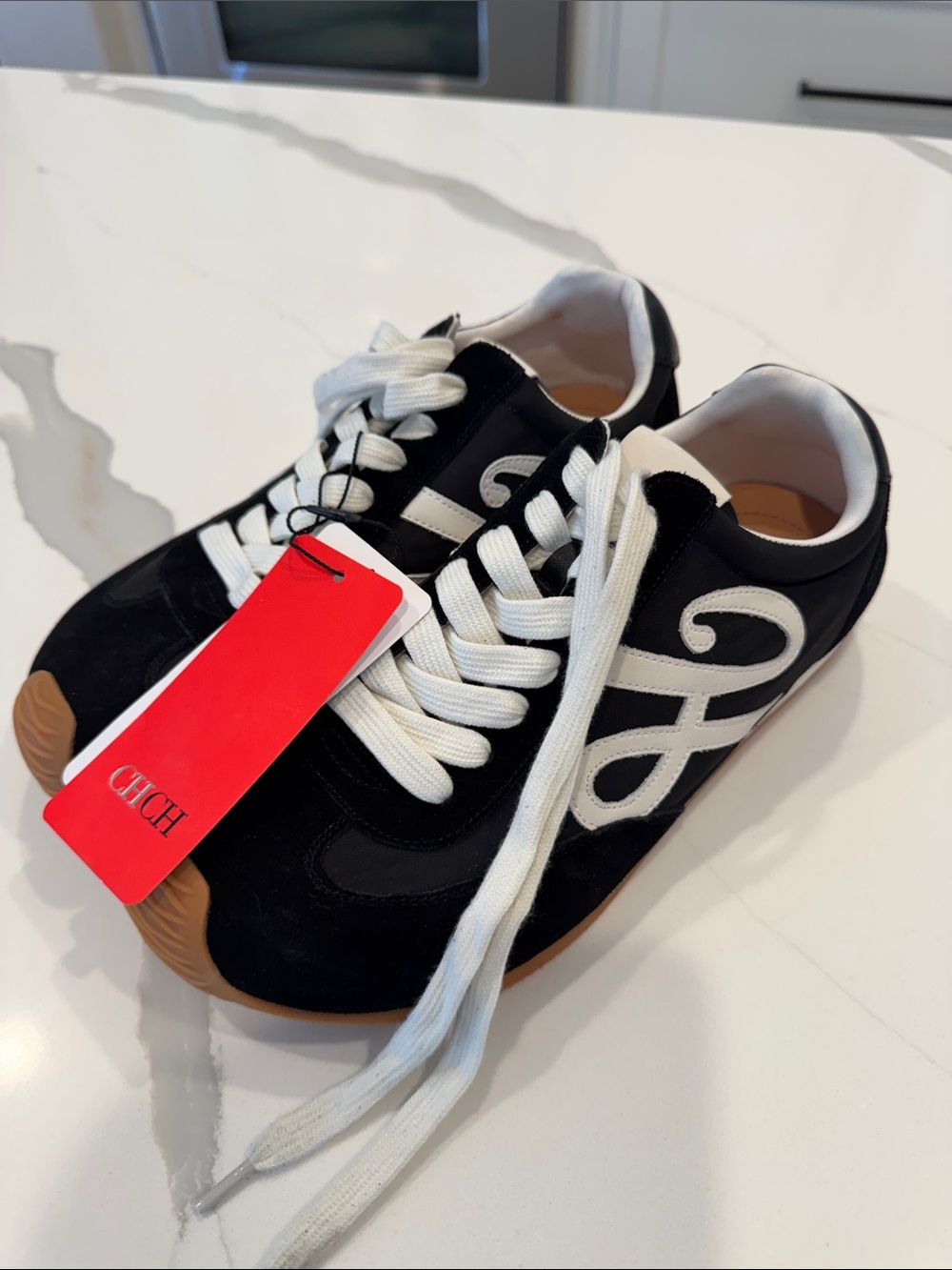 CHCH Black & White Logo Sneakers with Gum Sole